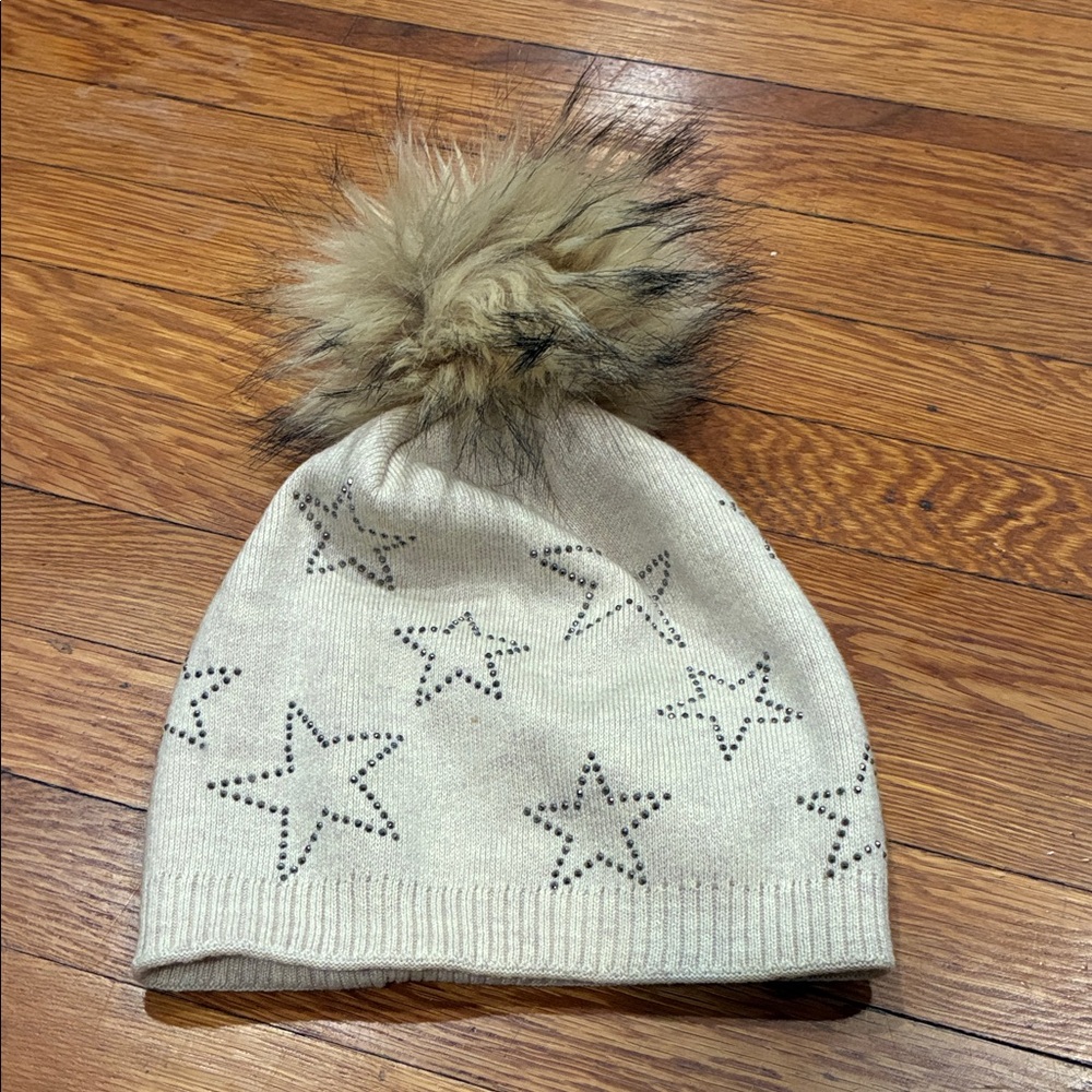 Starry Beige Kids Beanie with Pom Pom